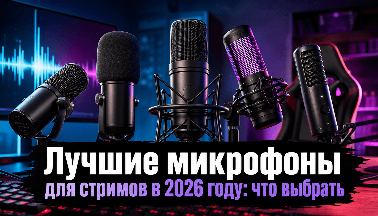 Микрофон для стрима на игровом столе рядом с наушниками и монитором