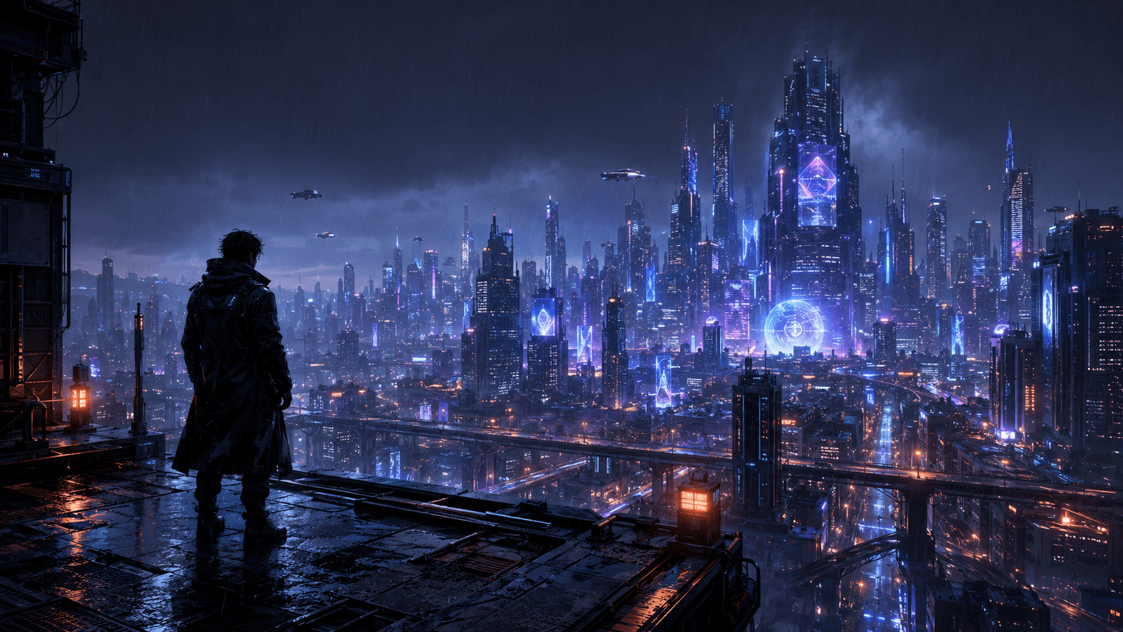 Игрок смотрит на неоновый киберпанк-город в поиске игры похожей на Cyberpunk 2077