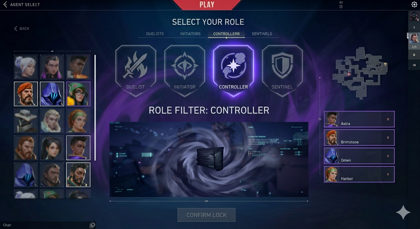 Экран выбора агента по ролям в Valorant